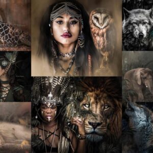 Fantasy photo with spirit animal edited into image with woman dressed in goddess style clothing