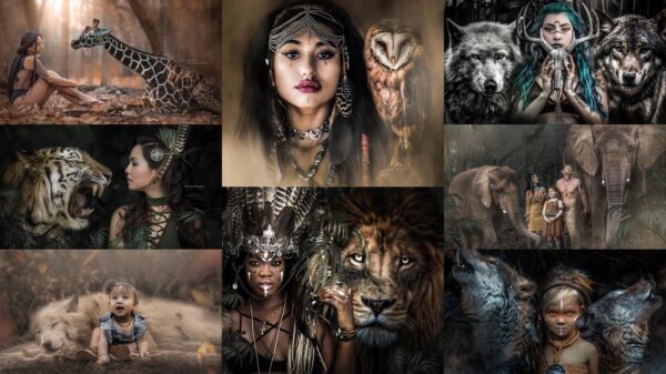 Fantasy photo with spirit animal edited into image with woman dressed in goddess style clothing