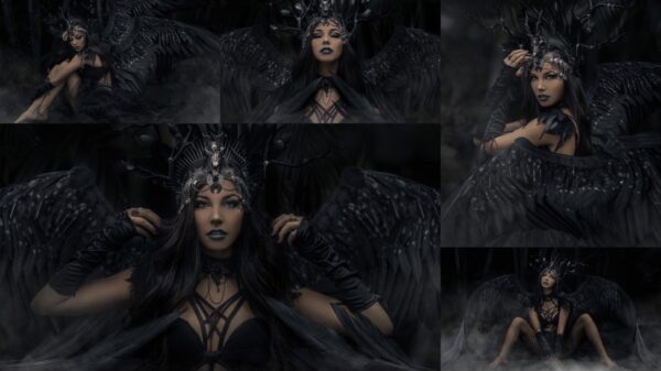 lady with wings in a fantasy photo with dark soultry edits