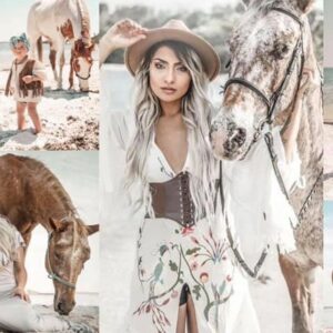 woman wearing boho style clothing riding a horse on the beach