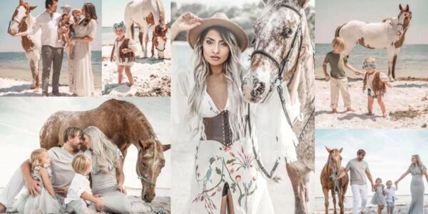 woman wearing boho style clothing riding a horse on the beach